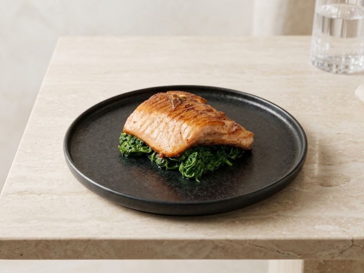Filetto di trota scottato servito su letto di verdure a foglia verde, piatto tipico della tradizione del Casentino.